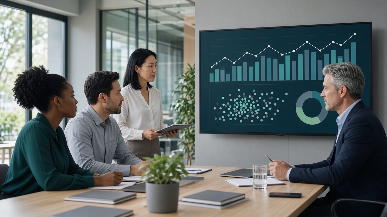 Leadership team reviewing workforce analytics in a modern office